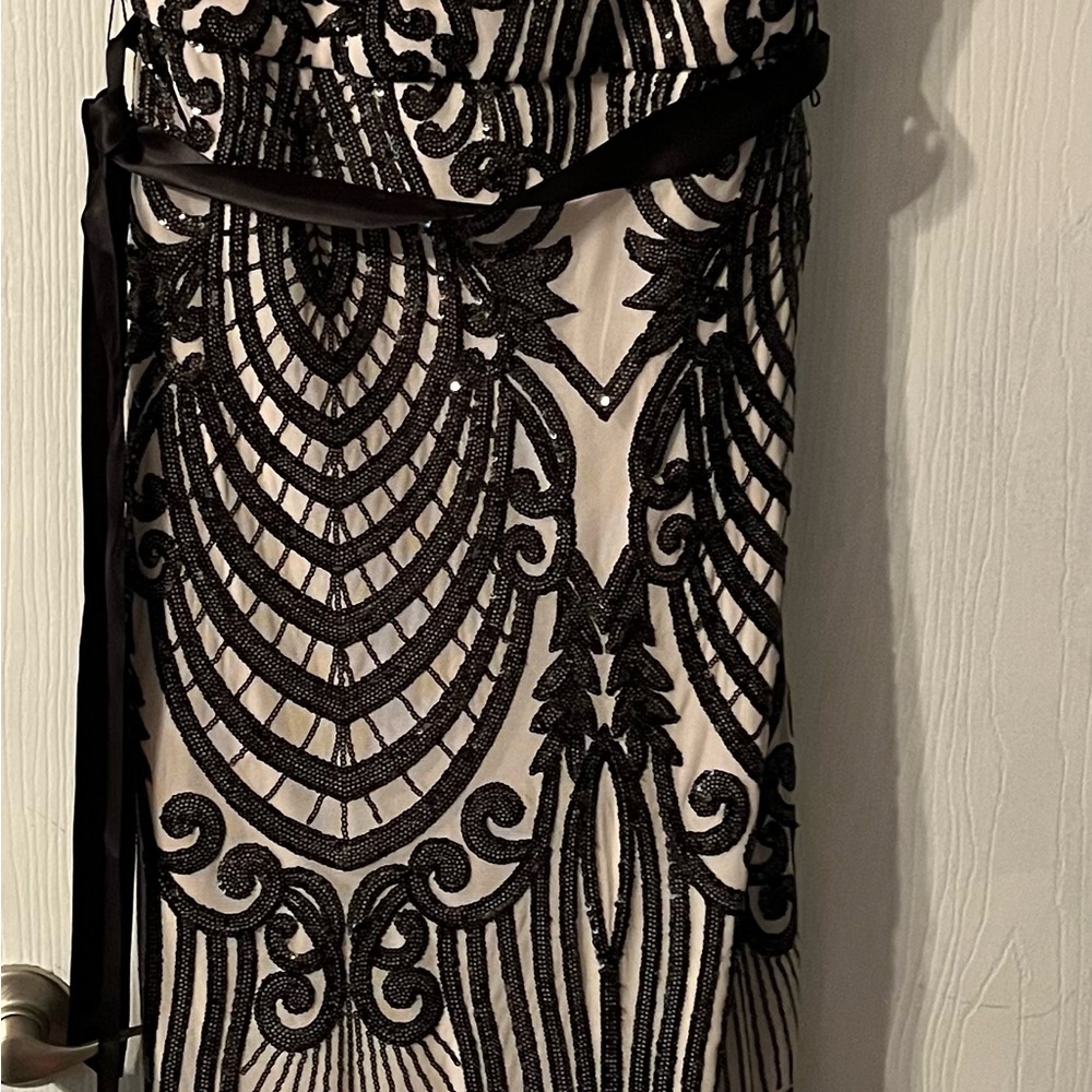 R & M Richards Elegant Black and Cream Prom Dress